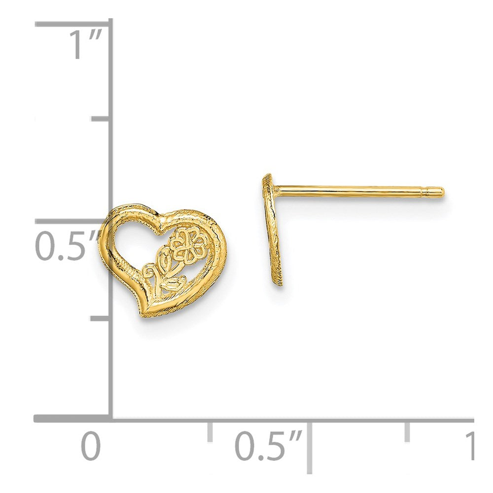 14K Yellow Gold Open Heart W/ Flower Post Earrings