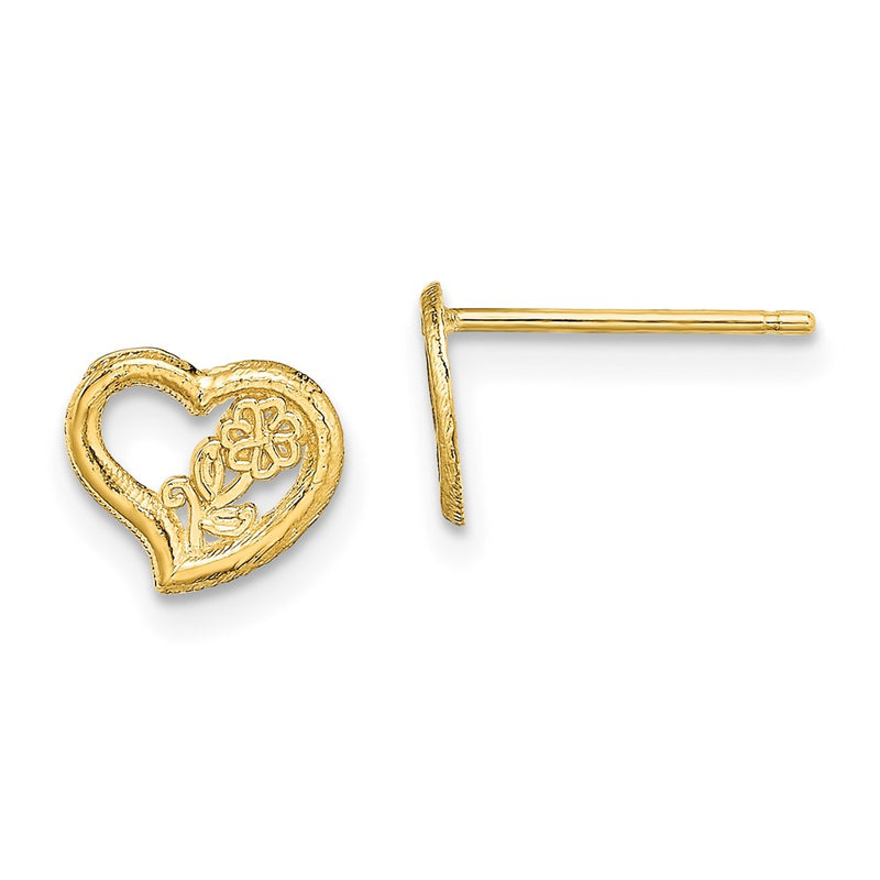 14K Yellow Gold Open Heart W/ Flower Post Earrings