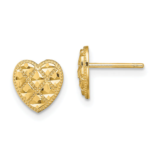 14K Yellow Gold Criss-Cross W/ D/C Heart Post Earrings