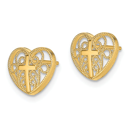 14K Yellow Gold Heart W/Cross Post Earrings