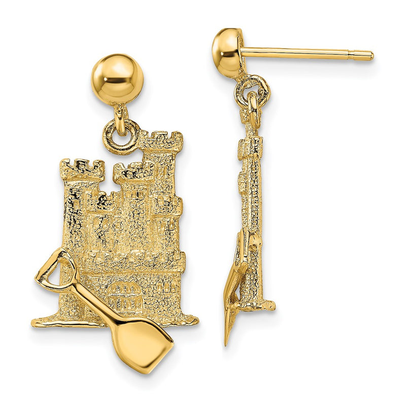 14K Yellow Gold 3-D W/ Shovel Sand Castle Dangle Earrings