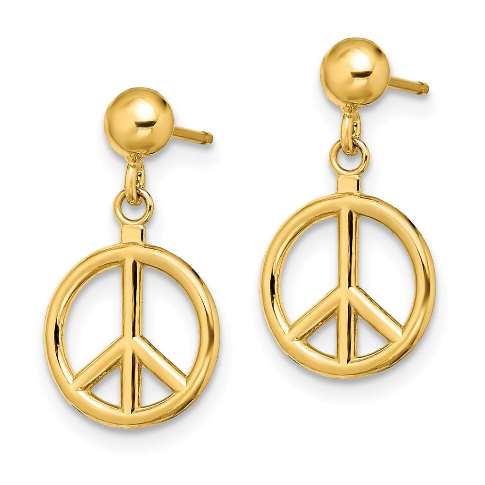14K Yellow Gold 3-D Polished Peace Symbol Dangle Earrings