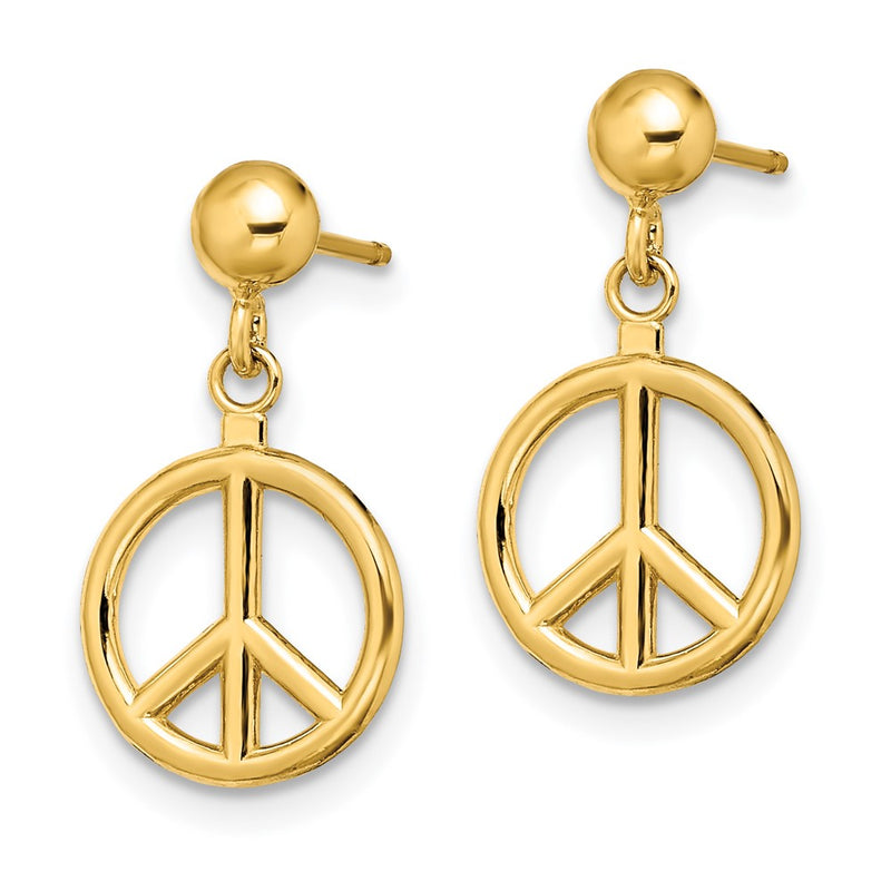 14K Yellow Gold 3-D Polished Peace Symbol Dangle Earrings