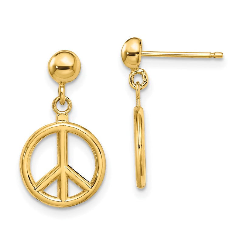 14K Yellow Gold 3-D Polished Peace Symbol Dangle Earrings