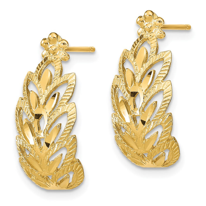 14K Yellow Gold D/C Leaf Pattern Post Earrings