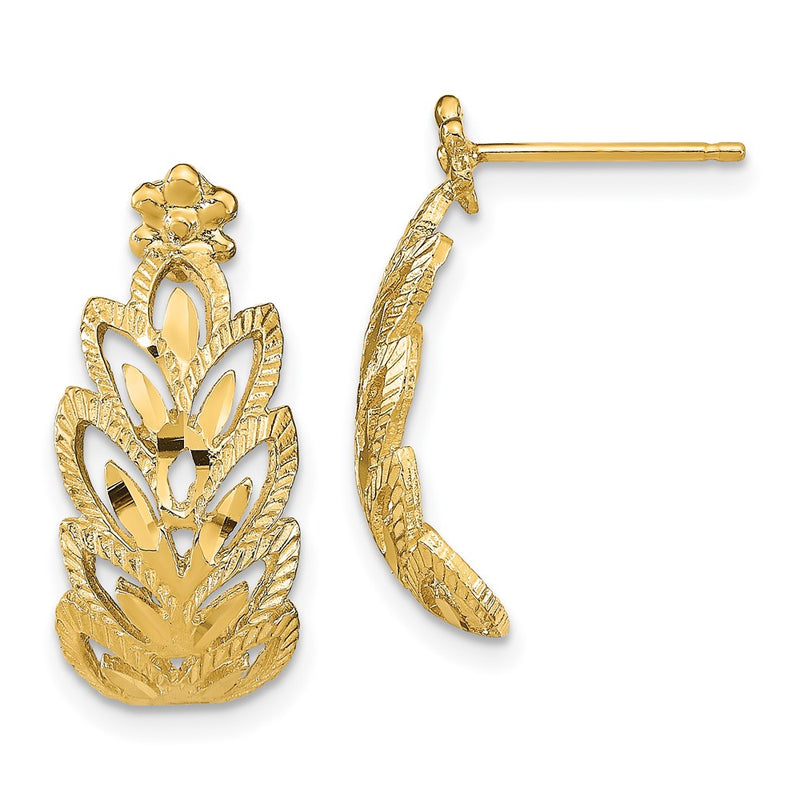 14K Yellow Gold D/C Leaf Pattern Post Earrings