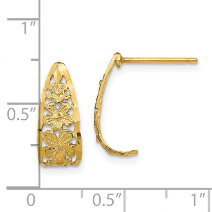 14K Yellow Gold D/C Flower J-Hoop Post Earrings