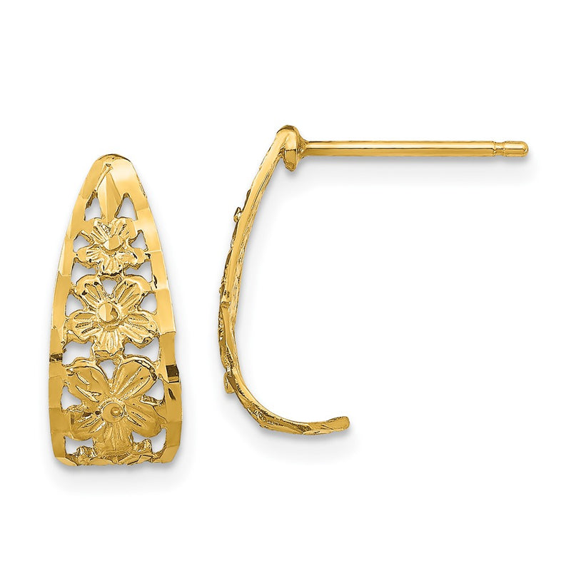 14K Yellow Gold D/C Flower J-Hoop Post Earrings