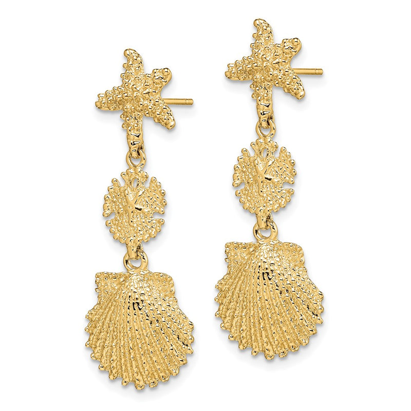 14K Yellow Gold Starfish, Sand Dollar ,Scallop Shell Dangle Earrings