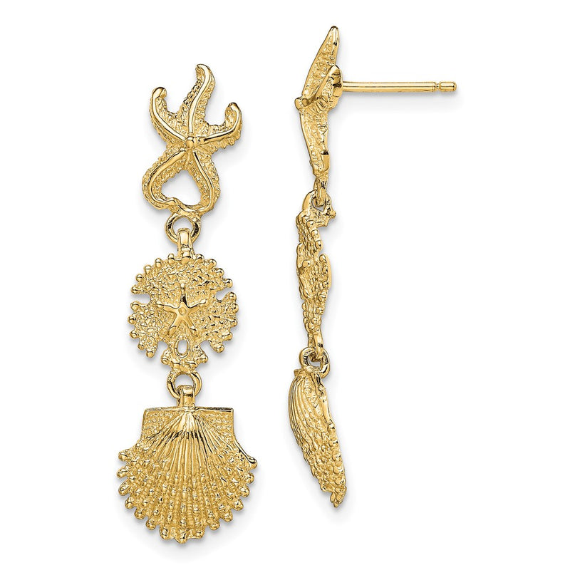 14K Yellow Gold Starfish, Sand Dollar ,Scallop Shell Dangle Earrings