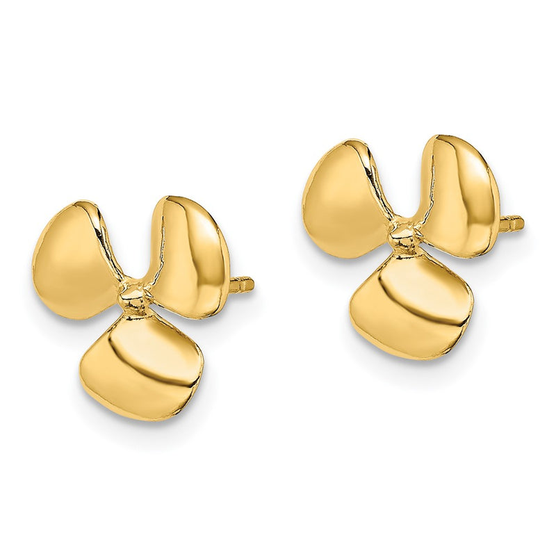 14K Yellow Gold Polished Three Blade Propeller W/ Center Bead Post Earrings