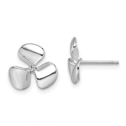 14K White Gold Polished Three Blade Propeller W/ Center Bead Post Earrings