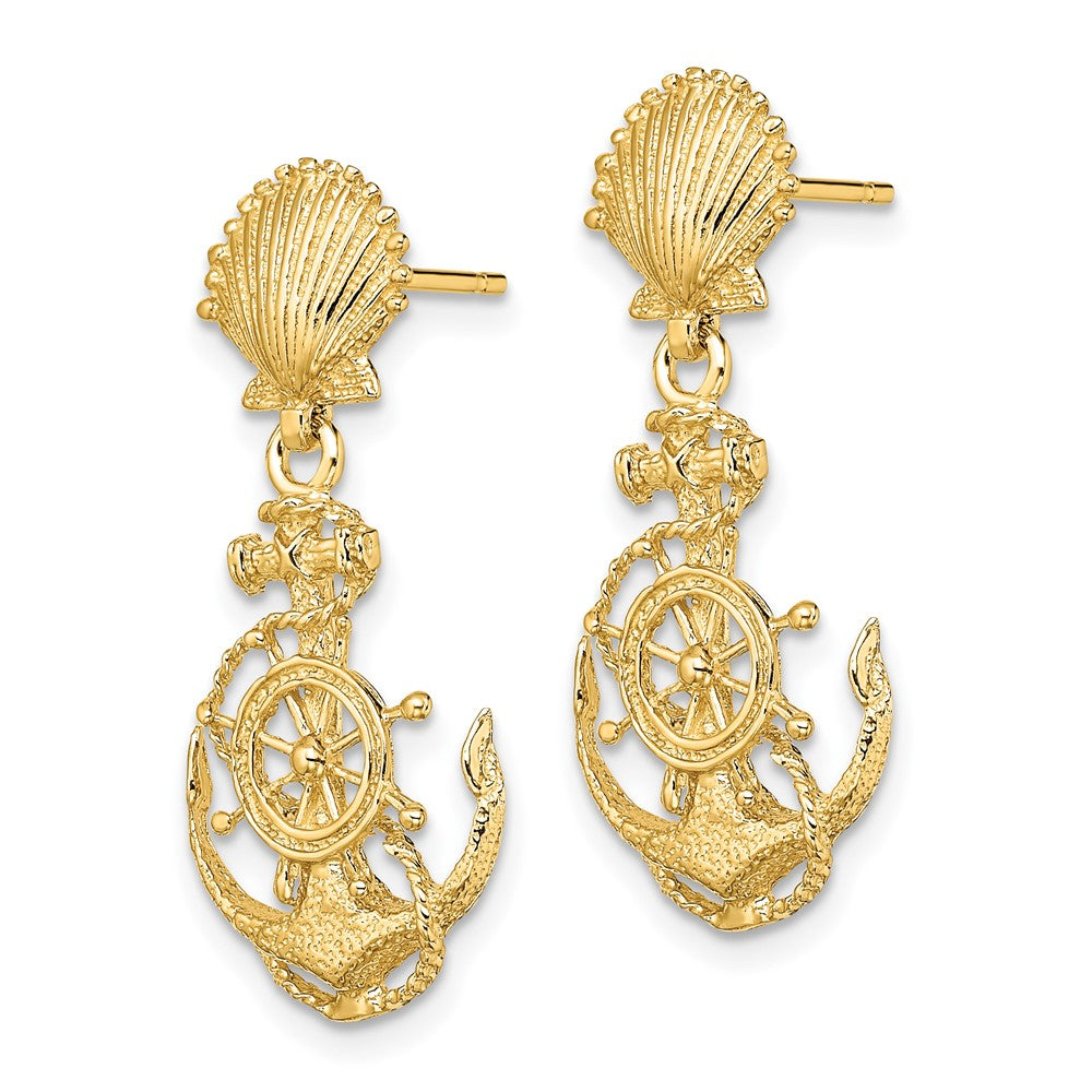14K Yellow Gold Shell And Anchor Double Dangle Earrings
