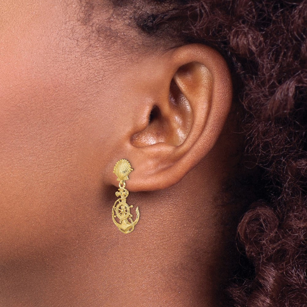 14K Yellow Gold Shell And Anchor Double Dangle Earrings