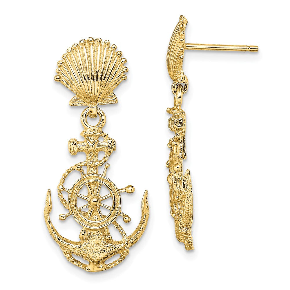 14K Yellow Gold Shell And Anchor Double Dangle Earrings