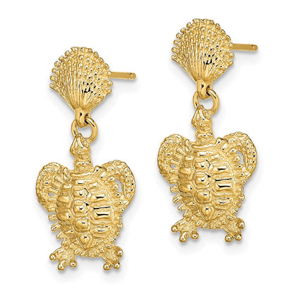 14K Yellow Gold Shell And Turtle Post Dangle Earrings