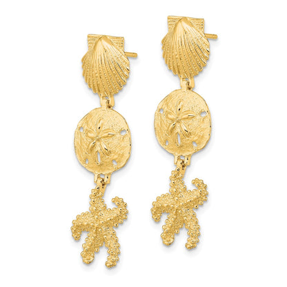 14K Yellow Gold Shell, Sand Dollar ,Starfish Post Dangle Earrings