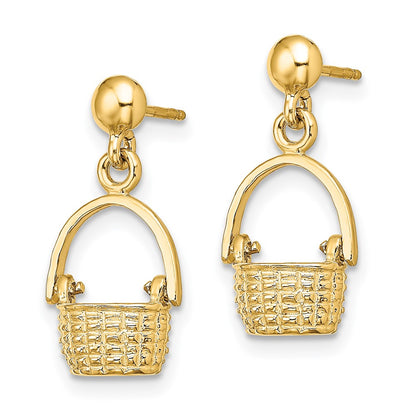 14K Yellow Gold 3-D Basket / Moveable Handle Dangle Earrings