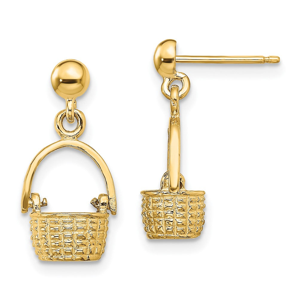 14K Yellow Gold 3-D Basket / Moveable Handle Dangle Earrings