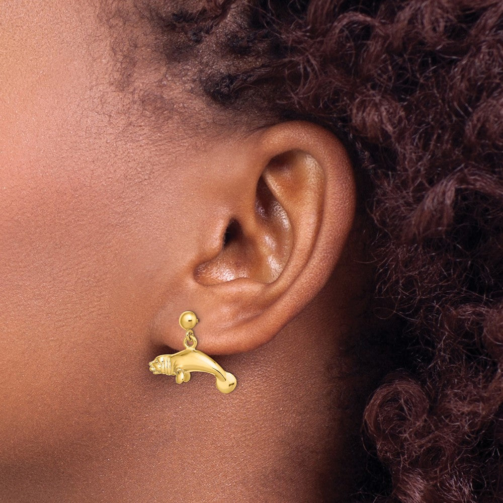 14K Yellow Gold 3-D Polished Manatee Dangle Earrings