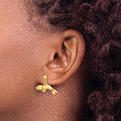 14K Yellow Gold 3-D Polished Manatee Dangle Earrings