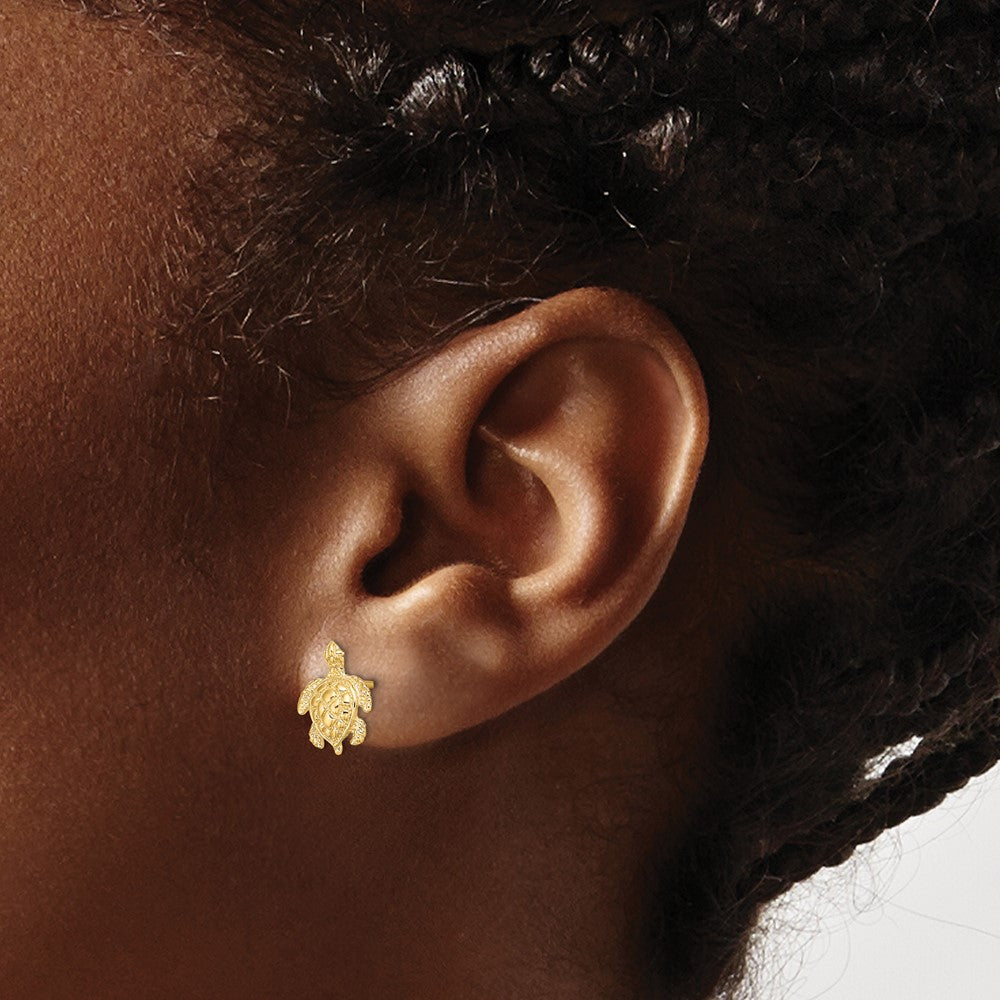 14K Yellow Gold 2-D Textured Sea Turtle Post Earrings