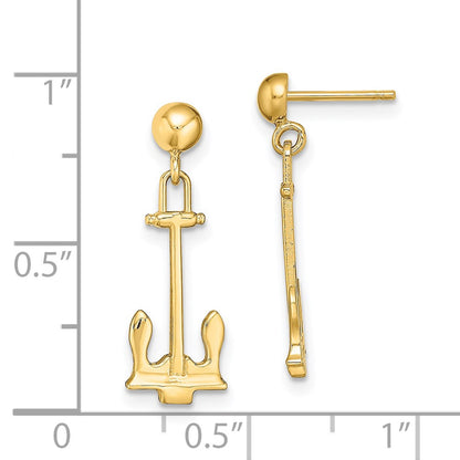 14K Yellow Gold Polished Navy Anchor Dangle Earrings