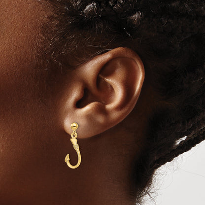 14K Yellow Gold 3-D Fish Hook Dangle Earrings