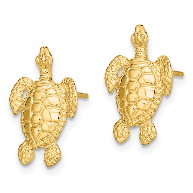 14K Yellow Gold Polished And Textured Sea Turtle Post Earrings