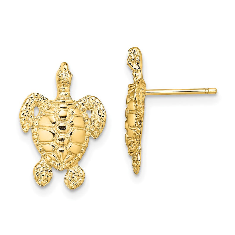 14K Yellow Gold Polished And Textured Sea Turtle Post Earrings