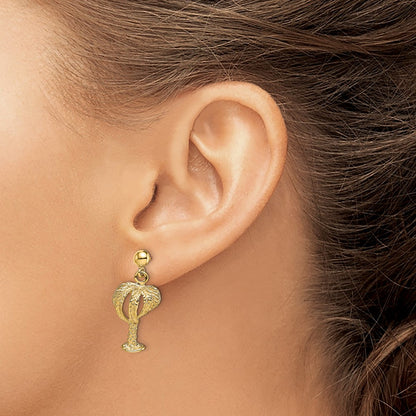 14K Yellow Gold Palm Tree W/Full Leaves Dangle Earrings