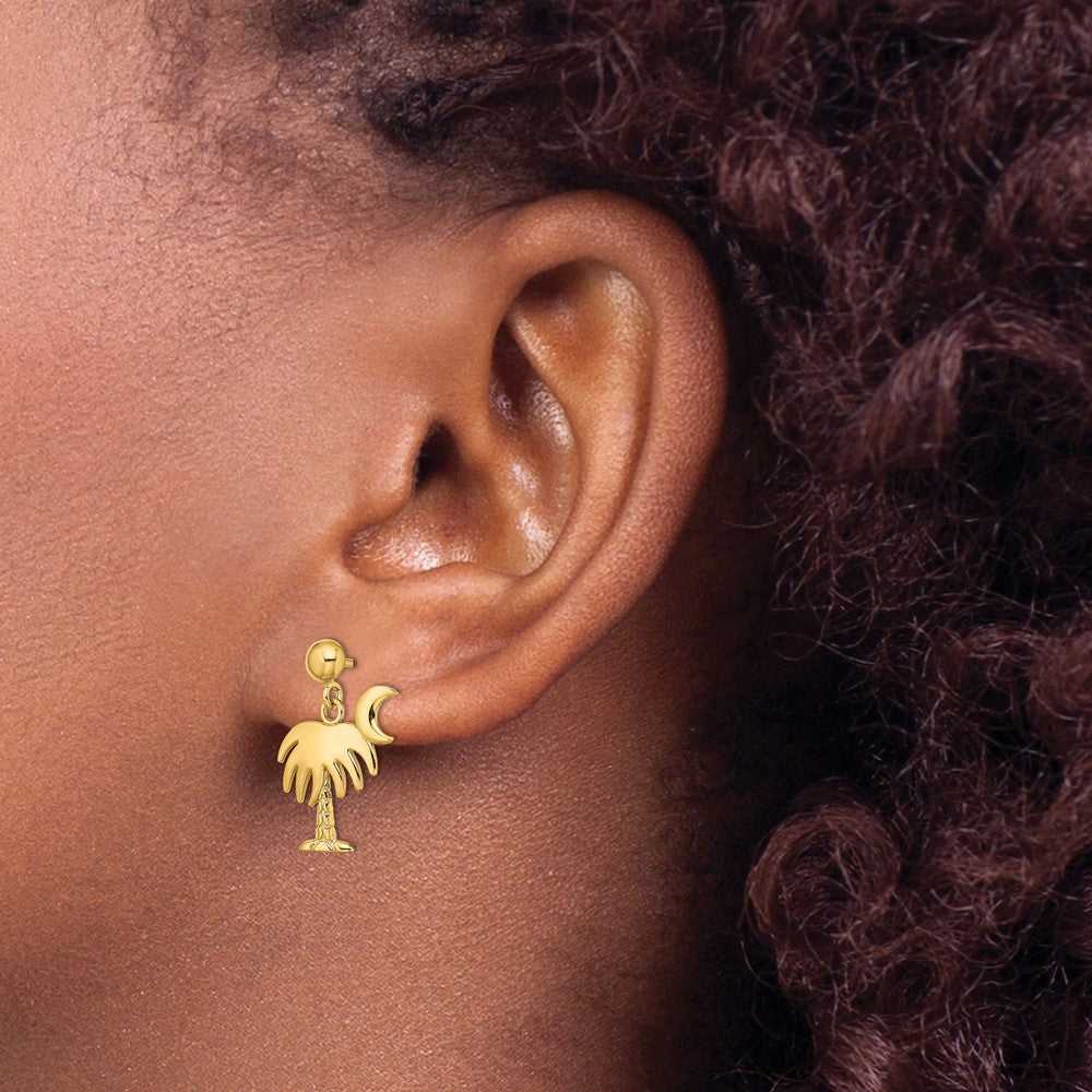 14K Yellow Gold Charleston Palm Tree W/ Moon Dangle Earrings