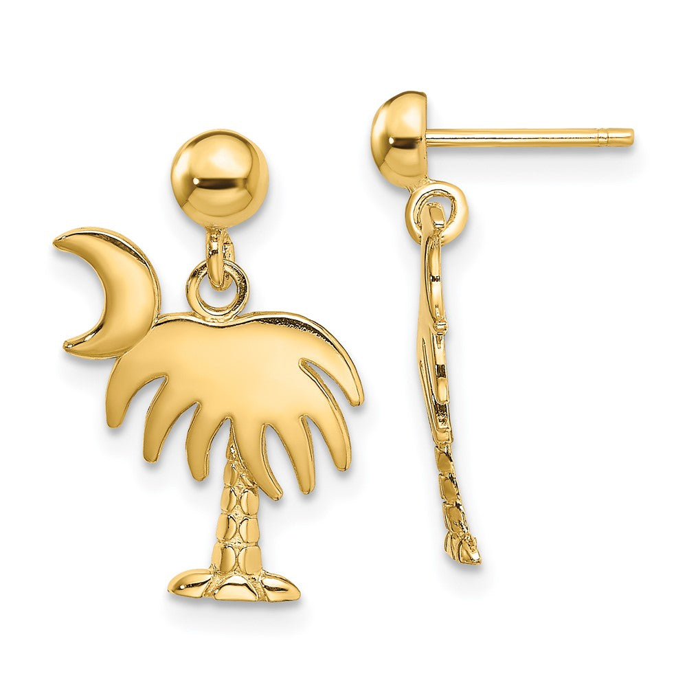 14K Yellow Gold Charleston Palm Tree W/ Moon Dangle Earrings