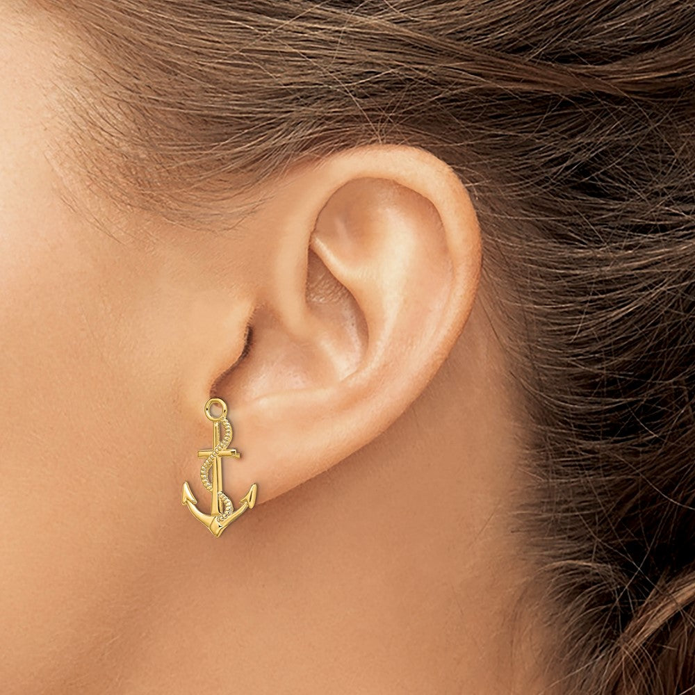 14K Yellow Gold Polished / Textured Anchor W/ Rope Post Earrings