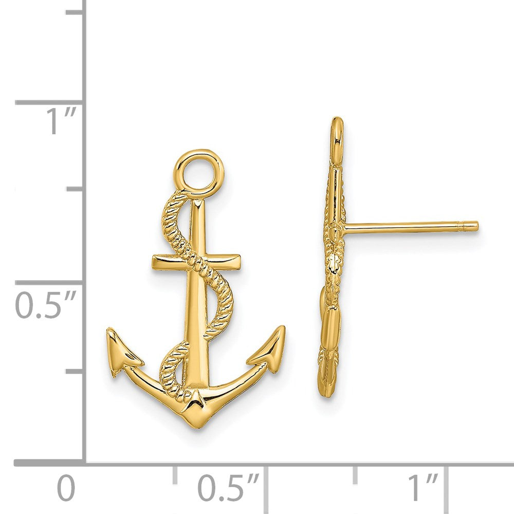 14K Yellow Gold Polished / Textured Anchor W/ Rope Post Earrings