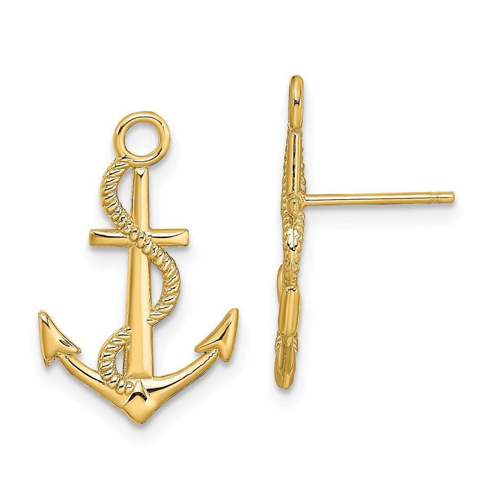 14K Yellow Gold Polished / Textured Anchor W/ Rope Post Earrings