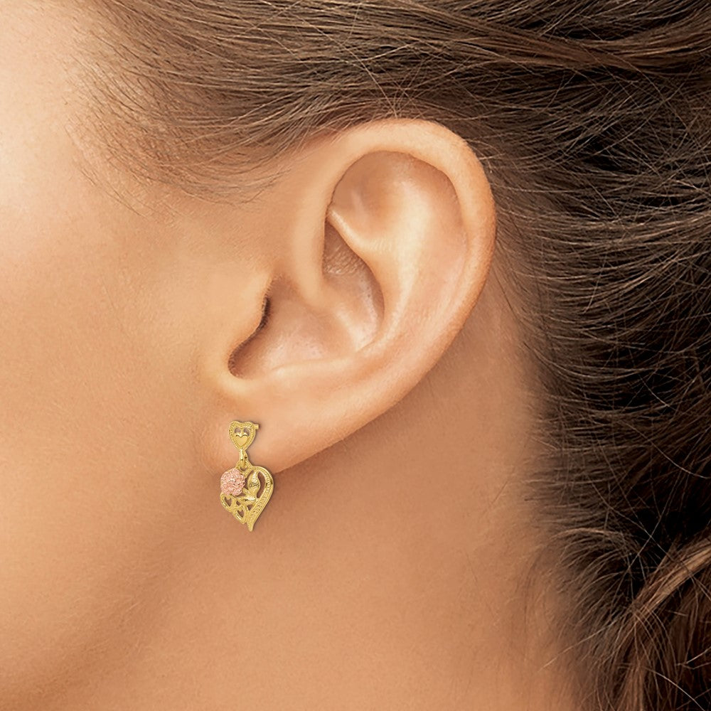 14K Two-Tone Heart W/Flower Post Dangle Earrings