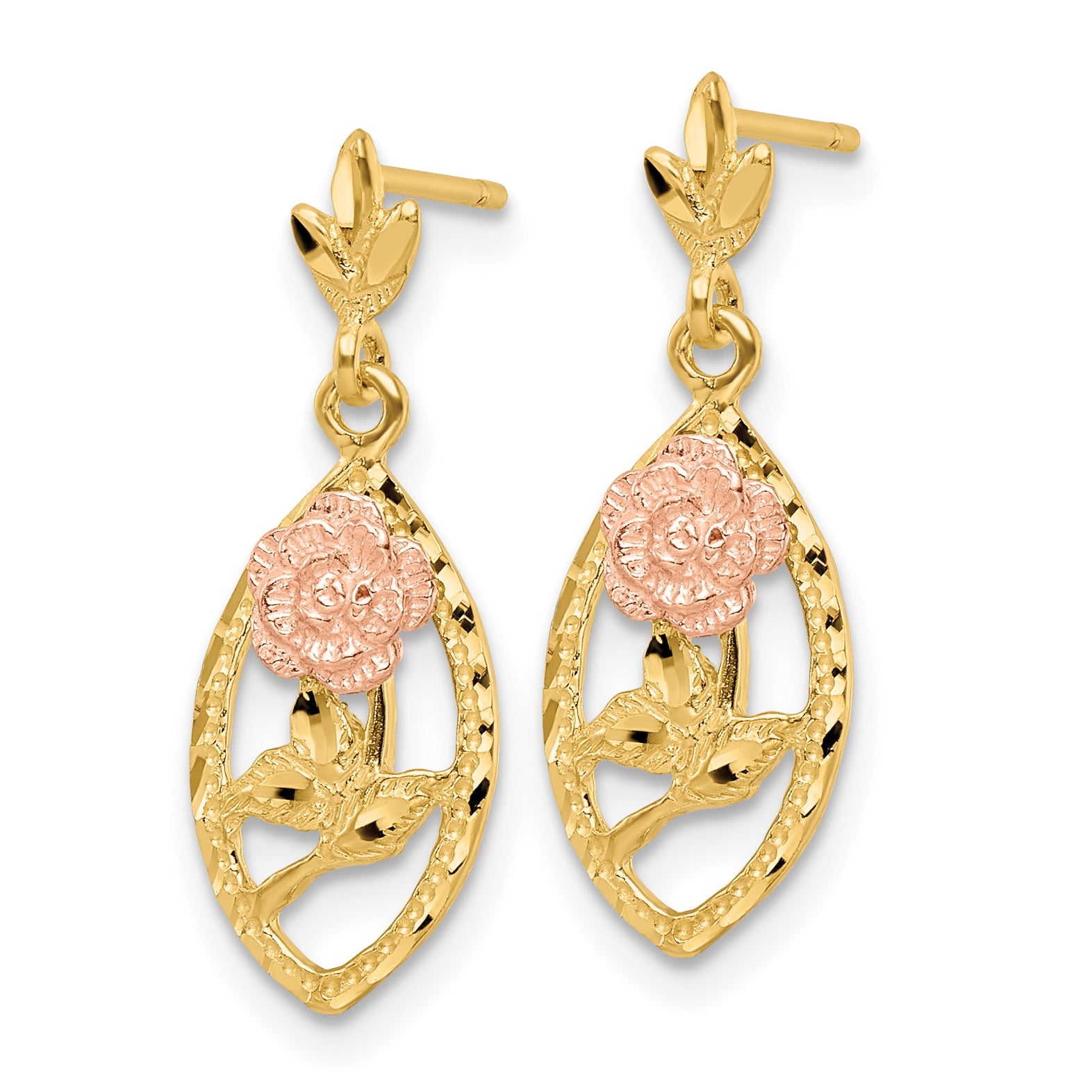 14K Two-Tone Textured Flower Post Dangle Earrings