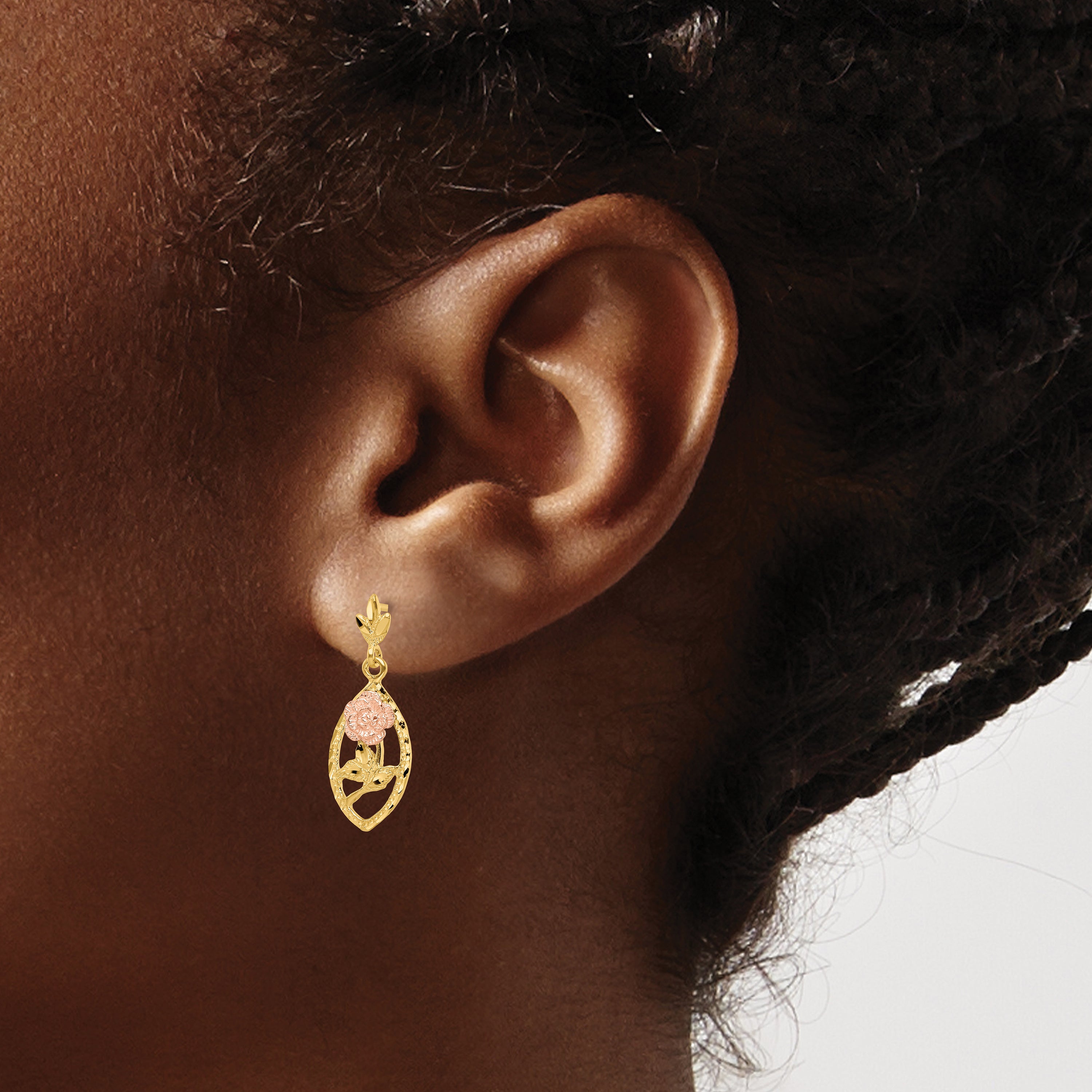 14K Two-Tone Textured Flower Post Dangle Earrings