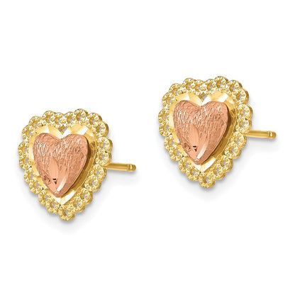 14K Two-Tone D/C Heart W/ Lace Trim Post Earrings
