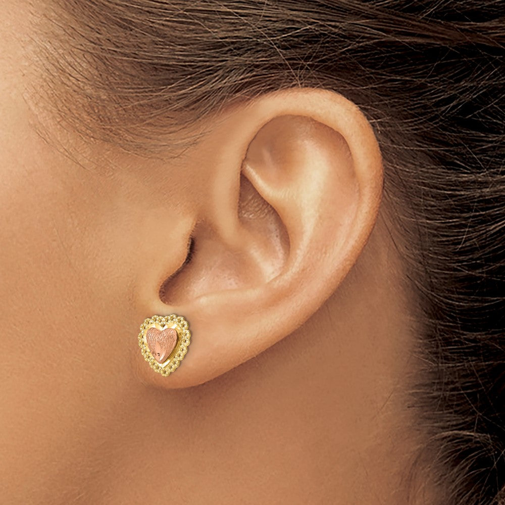 14K Two-Tone D/C Heart W/ Lace Trim Post Earrings