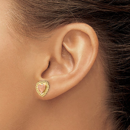 14K Two-Tone D/C Heart W/ Lace Trim Post Earrings