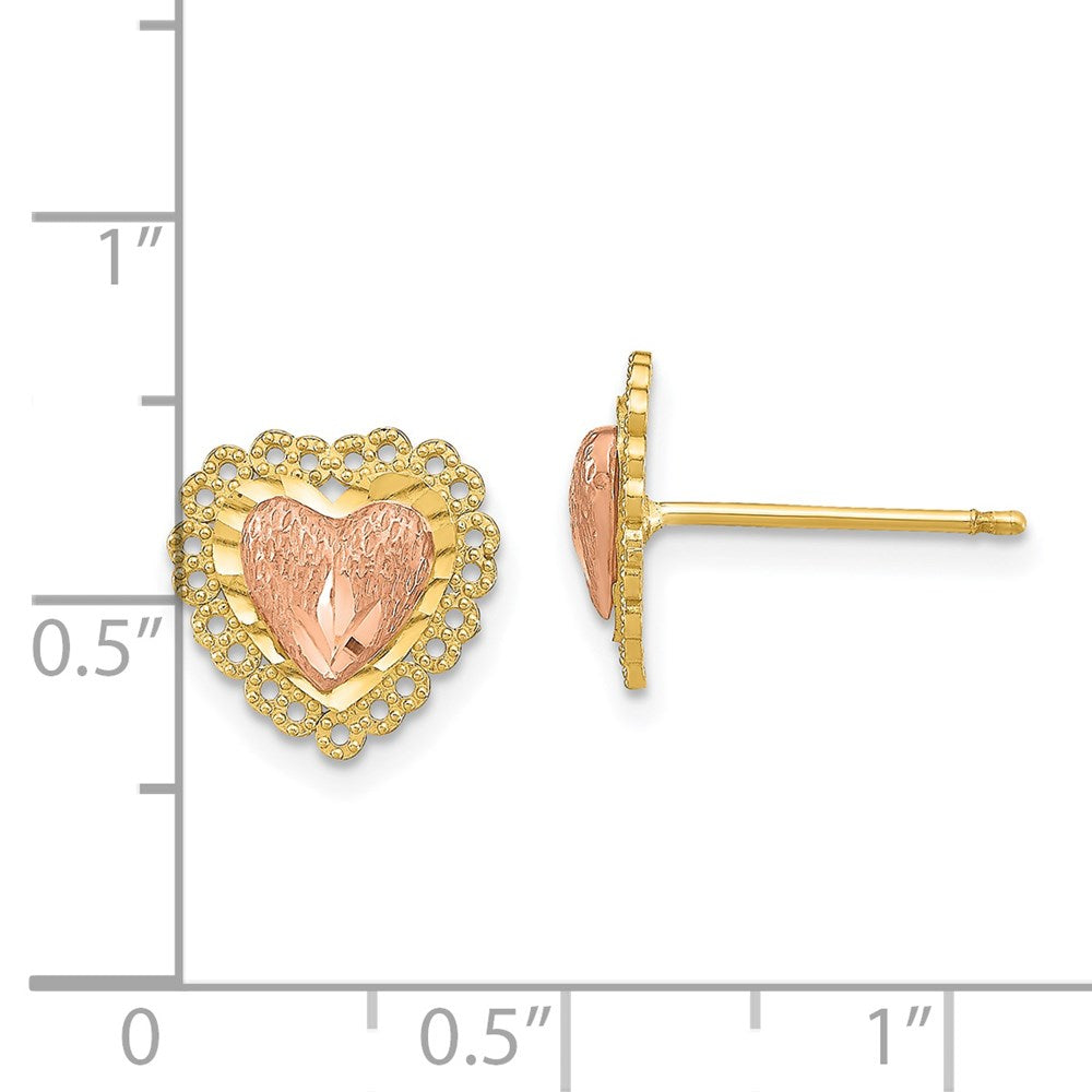 14K Two-Tone D/C Heart W/ Lace Trim Post Earrings