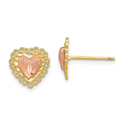 14K Two-Tone D/C Heart W/ Lace Trim Post Earrings