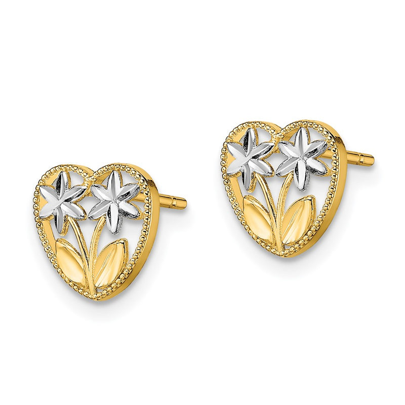 14K Yellow & Rhodium W/ D/C Flower And Heart Post Earrings