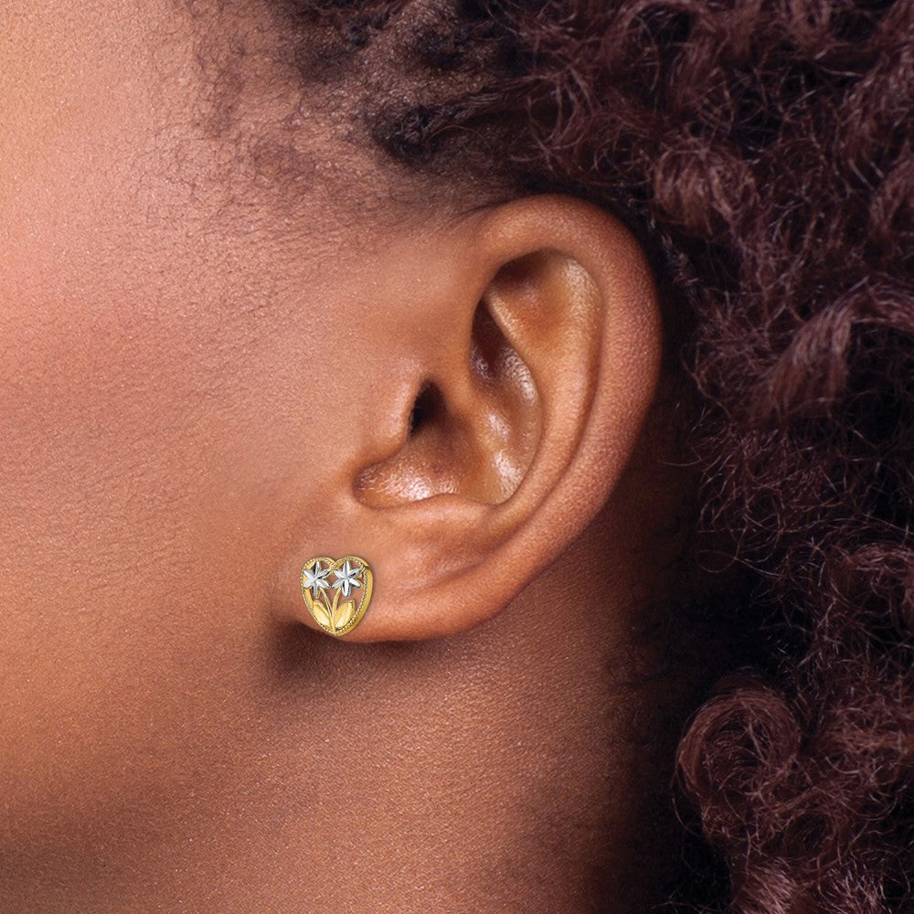 14K Yellow & Rhodium W/ D/C Flower And Heart Post Earrings