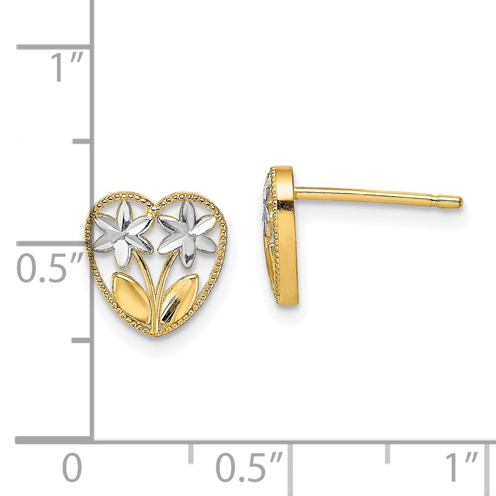 14K Yellow & Rhodium W/ D/C Flower And Heart Post Earrings