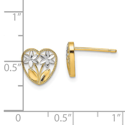14K Yellow & Rhodium W/ D/C Flower And Heart Post Earrings