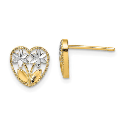 14K Yellow & Rhodium W/ D/C Flower And Heart Post Earrings