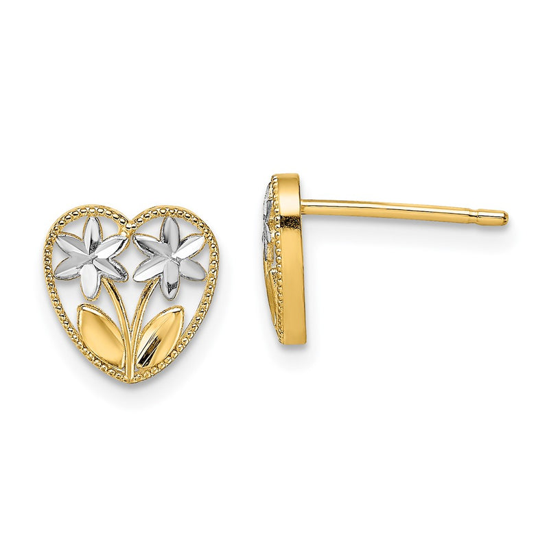 14K Yellow & Rhodium W/ D/C Flower And Heart Post Earrings